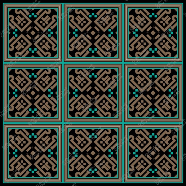 تصميم فسيفساء عربي تقليدي مكون من مربعات بألوان بني وتركوازي ونمط هندسي معقد.