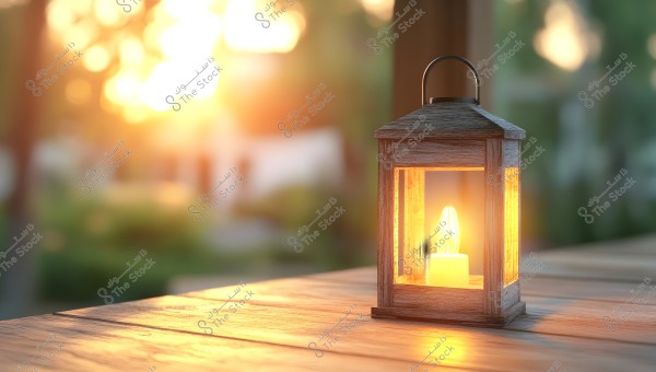 A wooden lantern illuminated by a candle placed on an outdoor wooden table during sunset. The background features shades of orange and green, creating a peaceful and relaxing atmosphere.