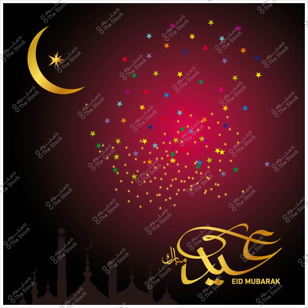 Eid Mubarak greeting card featuring a golden crescent and colorful stars against a red background, with the phrase \"Eid Mubarak\" written in Arabic calligraphy.