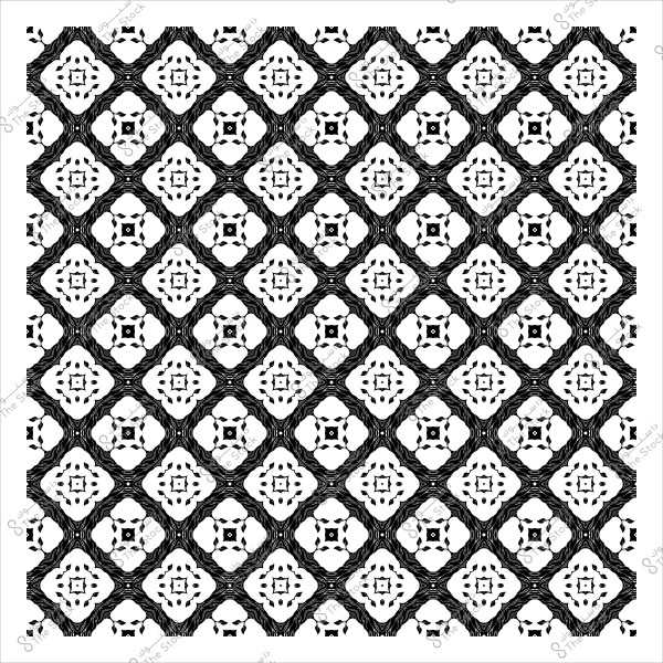 نمط هندسي متكرر بالأبيض والأسود يحتوي على أشكال معقدة وزخارف متماثلة.