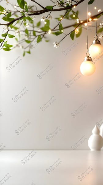 A tree branch adorned with white flowers and green leaves, with small lit lights hanging. In the background, there is a flat surface with small round white vases.