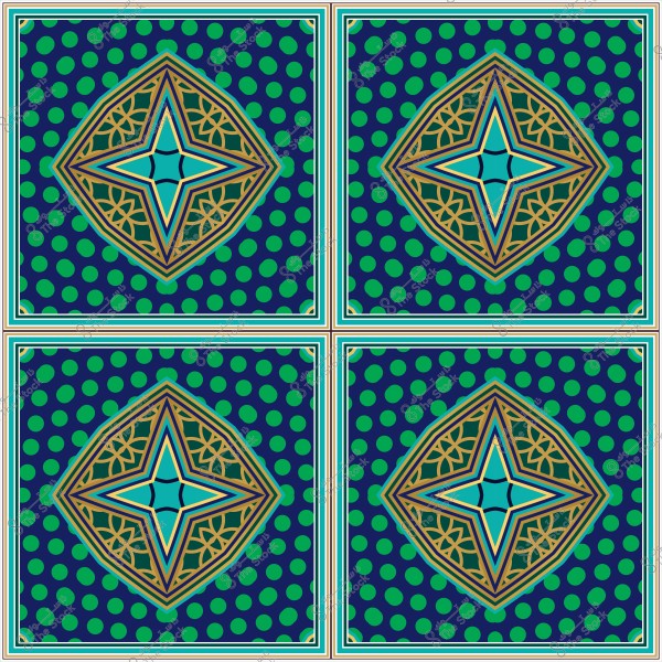 Islamic-inspired design with blue and green colors and a four-sided pattern.