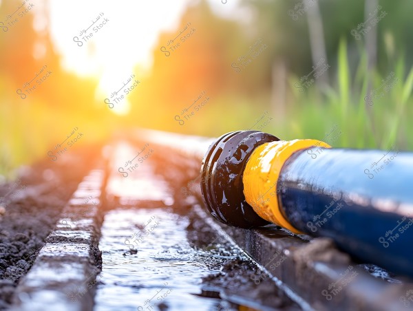 Image of a blue pipe with a yellow joint, placed in a narrow channel on the ground with water flowing around it. The background is blurred, showing plants and sunlight, creating a bright and warm effect.