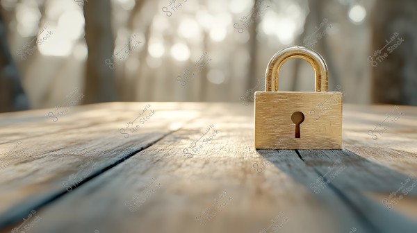 Image of a golden padlock on a wooden plank with a focus on the intricate details of the lock and the wood. The background is blurred, showing some trees with muted colors, reflecting an open and serene atmosphere.