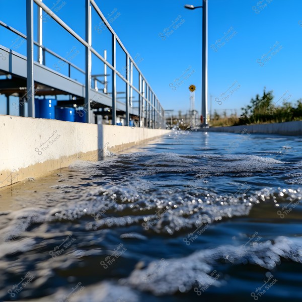 An image depicting a scene of an industrial facility with a focus on flowing water on a concrete surface. In the background, there are metal structures with railings and side barriers. The sky is clear blue, with some plants visible on the right side.