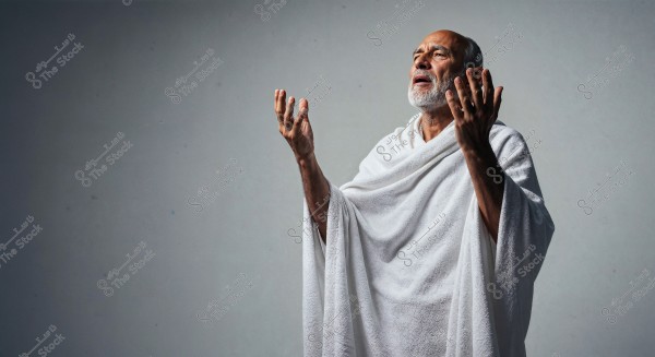 An image of an elderly man wearing Ihram clothing, standing with his hands raised in a meditative or prayerful expression. He is dressed in traditional white garments specific to Islamic rituals, with a plain gray background that highlights the details of the image.
