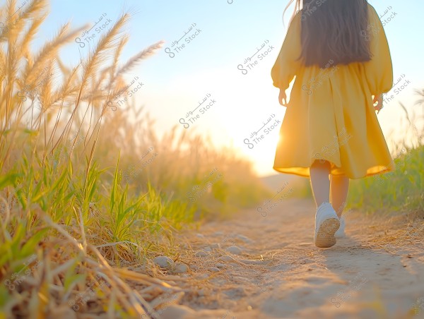 An image of a child walking on a dirt path surrounded by tall, pale yellow grasses. The child is wearing a long yellow dress and white sneakers. The sun is visible on the horizon, casting a warm glow over the scene.