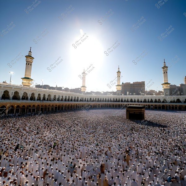 The image shows the Kaaba in the Grand Mosque in Mecca, Saudi Arabia. Thousands of worshippers, dressed in the traditional white Ihram clothing, surround the Kaaba. The mosque\'s towers and minarets are visible in the background, with the sun illuminating the clear blue sky.