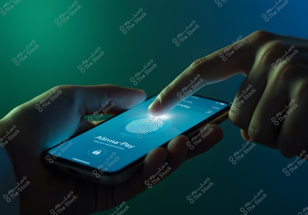 An image of two hands, with one holding a smartphone while the other approaches to press on the screen. The display shows a fingerprint design under the title \"Ajimma Pay\", indicating a fingerprint identity verification process. The background is dimly lit with blue and green hues.