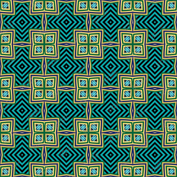 نمط هندسي متكرر بأشكال رباعية الأضلاع باللون الأصفر والأخضر والأسود على خلفية زرقاء.
