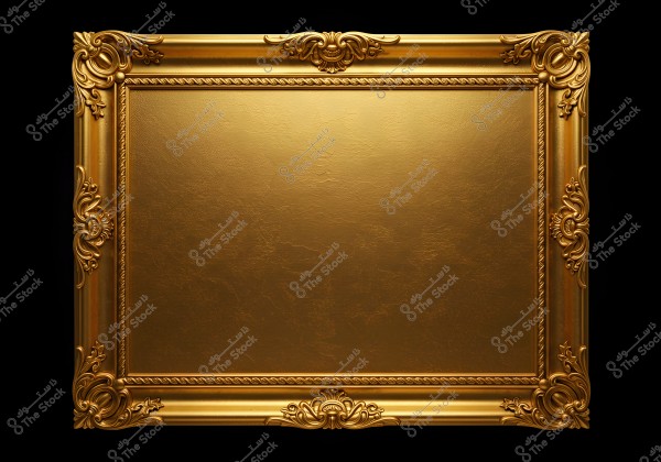 A luxurious rectangular gold frame on a black background. The frame features ornate decorative details at the corners and sides, including intricate floral patterns and scrollwork. The inner surface of the frame has a shiny gold color with a smooth texture.