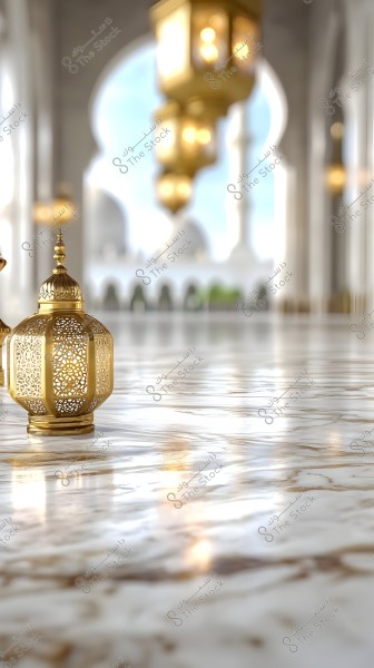 An ornate golden lantern is placed on a shiny marble floor in a large mosque. In the background, there are architectural arches, domes, and large windows with decorative glass. Large golden chandeliers hang from the ceiling, reflecting on the floor. The scene conveys a sense of serenity and grandeur.