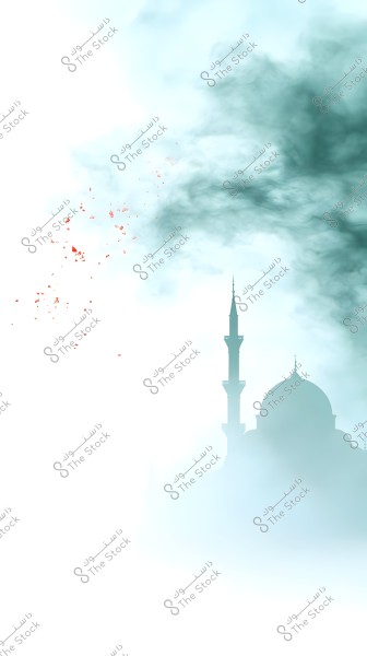 An image of a misty scene featuring a mosque with a minaret rising towards the sky. The clouds in the background blend with some flying birds, adding a subtle movement to the tranquil scene. The image is characterized by light blue and white colors, contributing to a sense of calm and serenity.