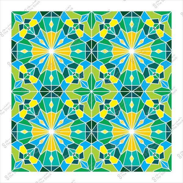 نمط فسيفساء إسلامي بألوان خضراء وزرقاء وصفراء متداخلة في تصميم هندسي متكرر.