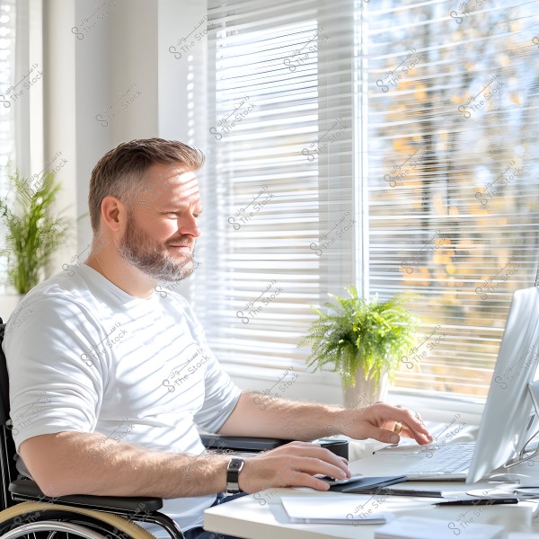 A man sitting in a wheelchair working on a desktop computer next to a bright window. Sunlight streams through the blinds, casting striped shadows on the man. He is wearing a white shirt and appears to be smiling. There is a green plant on the desk near the computer screen. The scene conveys a sense of calmness and positivity.