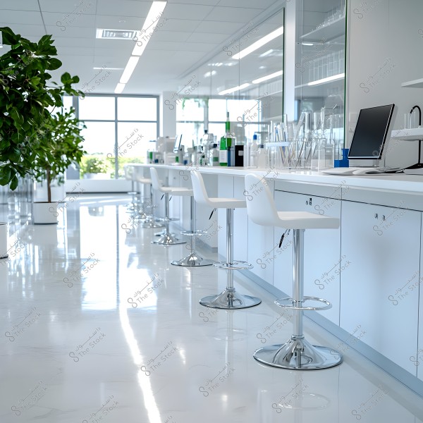 An image of a modern laboratory with bright white countertops and white high stools. The lab features various laboratory equipment and a computer monitor. A long row of storage cabinets runs underneath, with green plants adorning the space on the left side.