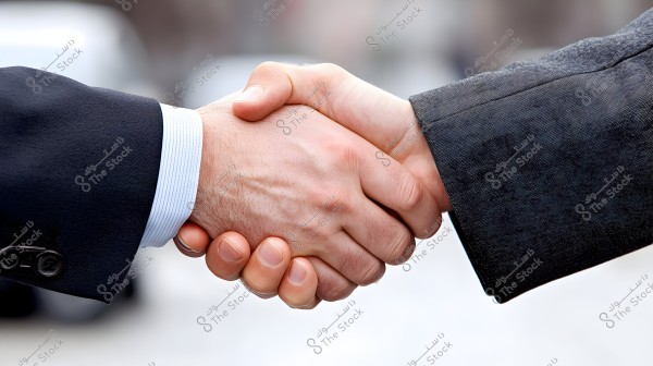 A close-up image of two hands shaking, with both individuals wearing dark jackets and white shirts with buttons on the cuffs. The handshake conveys a formal or business-like appearance.