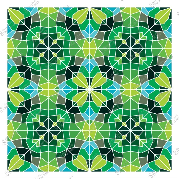 نمط هندسي مزخرف يظهر تصميمًا متكررًا مكونًا من أشكال هندسية متعددة الألوان تشمل الأخضر الفاتح والداكن والأزرق والأصفر. التصميم يشبه فن الأرابيسك الإسلامي التقليدي, يعكس تكراراً متناظراً ودقيقاً في تكوينه.

-