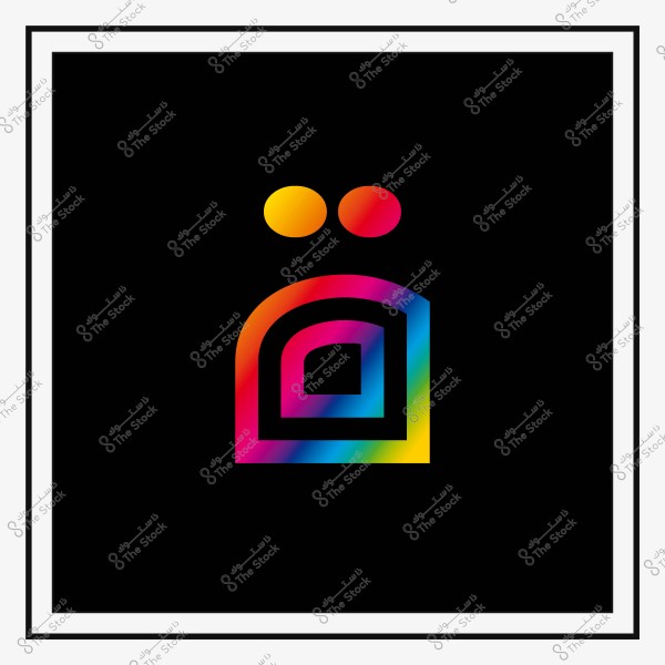 An image of a colorful icon resembling an Arabic letter on a black background. The icon features a curved shape with a semicircle and geometric lines, in gradient colors including red, orange, blue, and green. Two circular dots in orange and pink appear at the top.