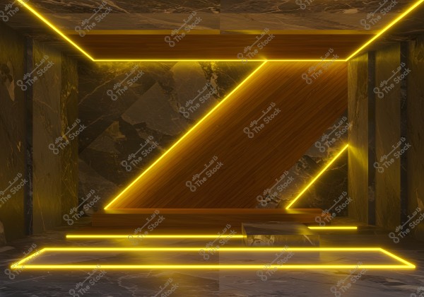 Modern interior design featuring yellow neon lines forming the shape of a \"Z\" against a dark brown marble background. The yellow lighting adds an artistic and elegant touch to the surrounding space, which includes wooden elements and marble wall features.