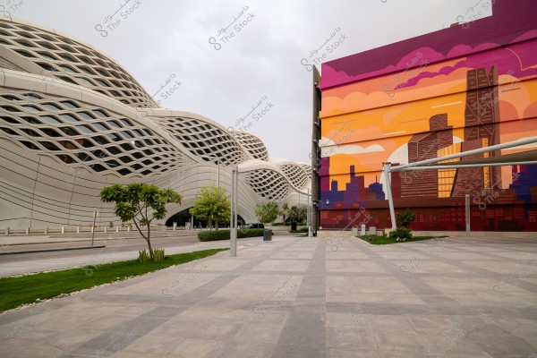 An image of a modern building with a futuristic architectural design featuring a unique, intricate lattice facade. Next to it, there\'s a colorful mural depicting towers and buildings in vibrant hues. In the foreground, there is a paved area and a small green garden with scattered trees. The sky is overcast, adding to the visual appeal.
