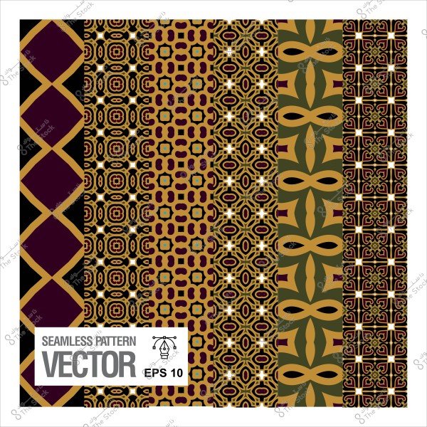 نماذج زخرفية متكررة بألوان متنوعة تتضمن ألوان العنابي والذهبي والأخضر مع عناصر هندسية ونباتية.