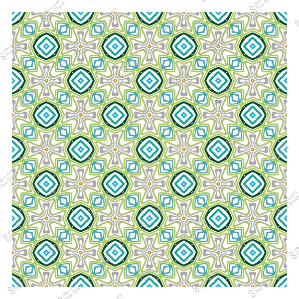 Repeating geometric pattern in green, blue, and white colors with star and square shapes.