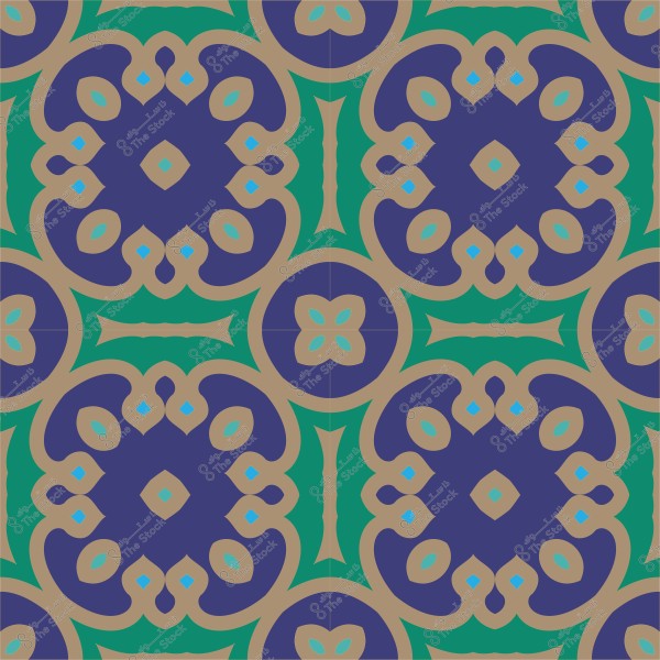 تصميم هندسي مزخرف بنمط عربي بألوان الأزرق والأخضر والبيج.