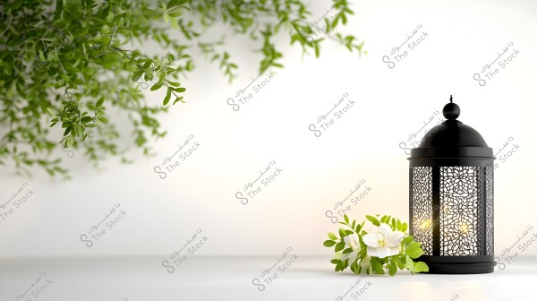A black metal lantern with intricate filigree design, lit with a soft glow, placed on a white surface. Next to it are two white flowers and a cluster of green leaves. Green leafy branches appear in the top left corner of the image, contributing to a serene and natural atmosphere.