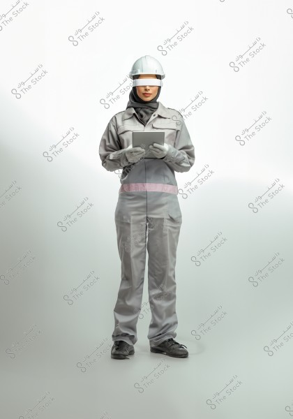 The image shows a person wearing a gray work uniform, similar to a jumpsuit, with a white safety helmet and clear protective glasses. The person is also wearing a headscarf under the helmet and white gloves, holding a tablet in their hands. The background is completely white, giving a sense of a professional or industrial environment.