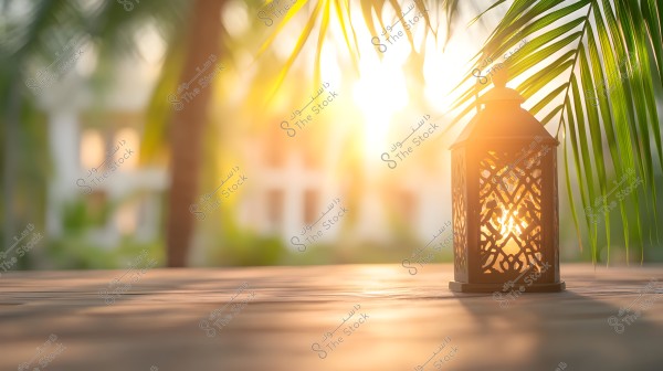 A lit metallic lantern with a traditional Arabic design placed on a wooden surface. The lantern is surrounded by palm leaves, with the background showing a soft, beautiful glow from the setting sun.