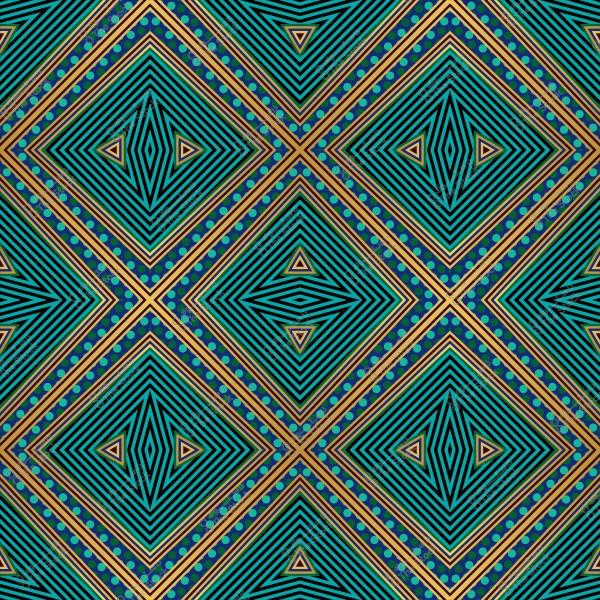 نمط هندسي مكون من خطوط وأشكال ماسية بألوان زرقاء وخضراء مع تفاصيل ذهبية.