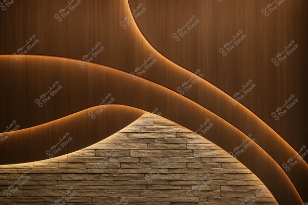 An image of modern interior design featuring a wall with wood and stone textures. The wall displays dark wooden curves with concealed lighting that illuminates the wall, creating a striking contrast with the light-toned natural stones.