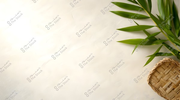 An image featuring natural elements on a light-colored background. On the right side of the image, there is a branch of a plant with long green leaves, alongside a small woven bamboo basket.