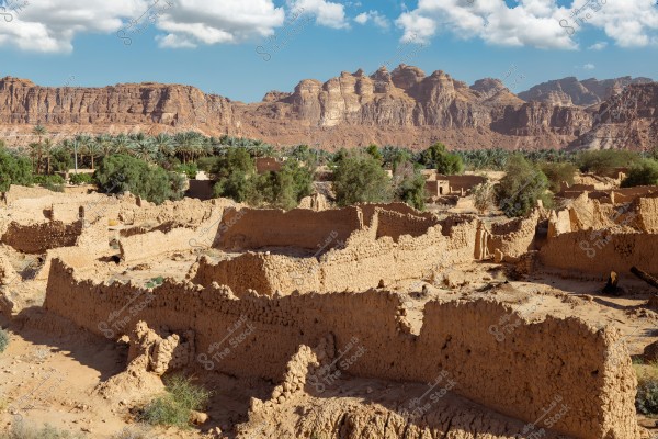 A scenic view depicting the remnants of old mud-built structures surrounded by lush palm oases in the foreground. In the background, towering rocky mountains are visible under a blue sky with some clouds. The place resembles a historical village in the desert.