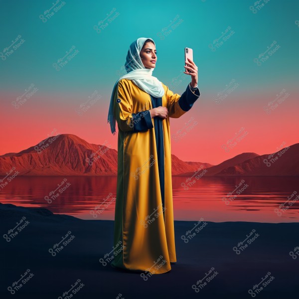 A woman stands in front of a stunning natural landscape of water and mountains under a sky with blue and orange hues. She is wearing a yellow abaya and a white hijab, holding a phone in her hand.