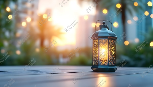 A lantern lit with a golden-yellow glow placed on a wooden table outdoors. In the background, green palm trees and twinkling lights blur against the warm sunset sky over the city.