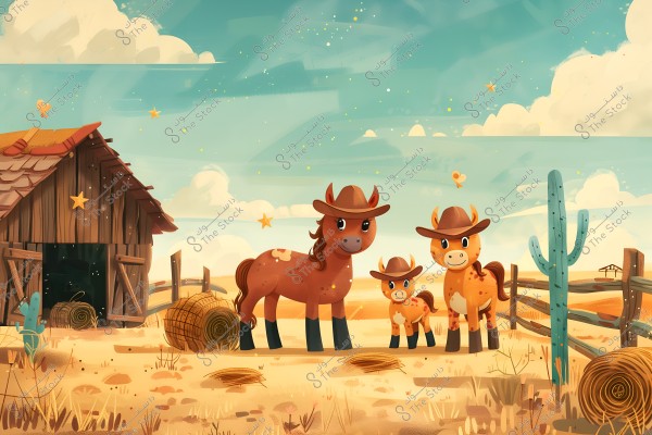 Cartoon image showing three small horses wearing cowboy hats in a desert scene. The horses appear smiling and stand next to some round bales of hay in front of a wooden barn. Behind them, there\'s a wooden fence and a tall cactus. The sky is decorated with white clouds and small stars.