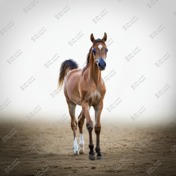 Image of a young brown foal standing on a sandy surface. It has a prominent white marking on its face near the forehead, and its tail is raised with hair gently flowing. The background is plain, highlighting the details of the foal clearly.