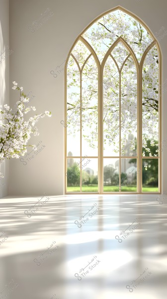 A large arched window with golden frames overlooking a garden with trees full of white blossoms. Natural light floods into the room, spreading across the glossy white floor, with another tree branch visible within the frame.