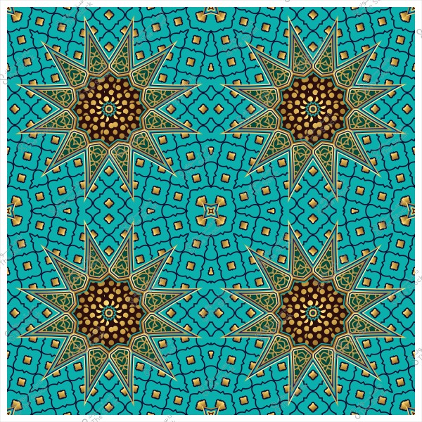 نمط زخرفي ذو تصميم هندسي متماثل بألوان زرقاء وبنية وذهبية.