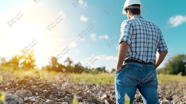 يظهر في الصورة رجل واقف في حقل زراعي, يرتدي قميصًا منقوشًا باللونين الأزرق والأبيض مع بنطال جينز وقبعة واقية بيضاء. الرجل في الخلفية ويبدو أنه ينظر إلى الأرض. السماء زرقاء وصافية مع وجود بعض الغيوم, والشمس مشرقة على الجانب الأيسر من الصورة مع تأثير تعريض ضوئي. الحقل مليء بالنباتات الصغيرة وبعض الحجارة.