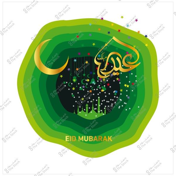 Eid greeting design with \"Eid Mubarak\" in Arabic calligraphy and decorations of a crescent and multicolored stars, with a background of various green shapes