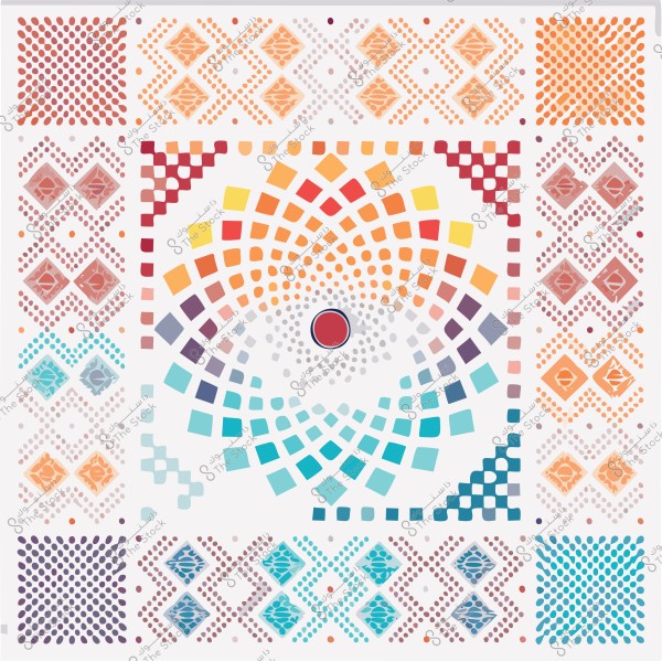 A colorful geometric art design featuring patterns of rainbow-colored squares symmetrically arranged around a red circular center. The outer border contains repeated patterns with square shapes, circles, and dots in colors like blue, orange, red, and purple. The white background accentuates the vibrant shapes.