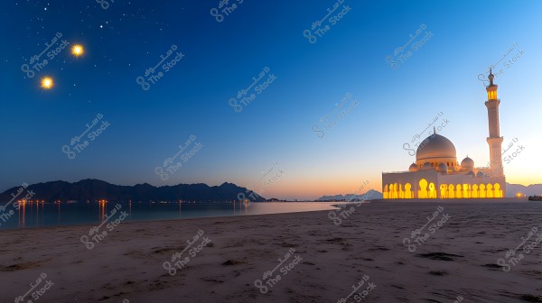 The image shows a large mosque illuminated with warm yellow lights located on a sandy beach during sunset or twilight. The sky is a deep blue scattered with glowing stars, and there is a mountain on the horizon along the shore. The evening lighting imparts a sense of beauty and tranquility to the scene.