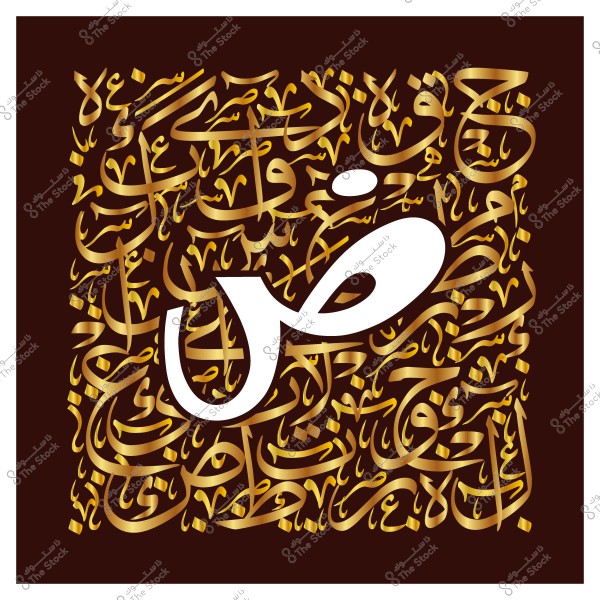 حرف \"ض\" مكتوب بخط عربي تقليدي على خلفية بنية مزخرفة بزخارف ذهبية تعبر عن جمال الخط العربي.