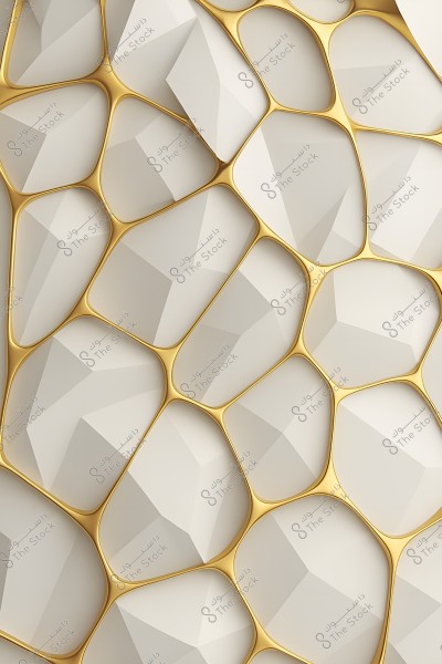 A 3D design depicting a surface composed of white geometric shapes accentuated with thin gold details, creating a convex, interlocking mosaic pattern.