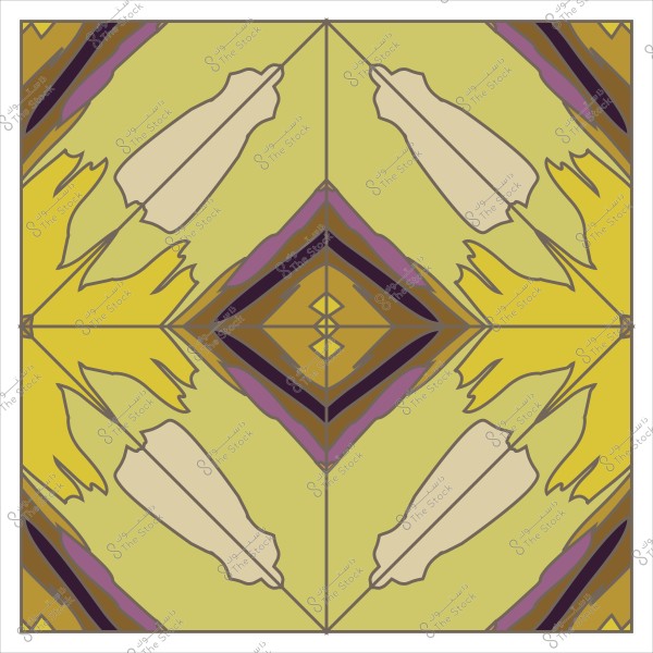 تصميم هندسي متماثل يظهر أشكالاً على شكل أوراق وسيقان بلون أصفر وبني, مع خلفية باللون البيج والبني. يتوسط التصميم شكل ماسي باللون البني والأسود. تعتبر الألوان الصفراء والبنية والبيج السائدة في الصورة.

-