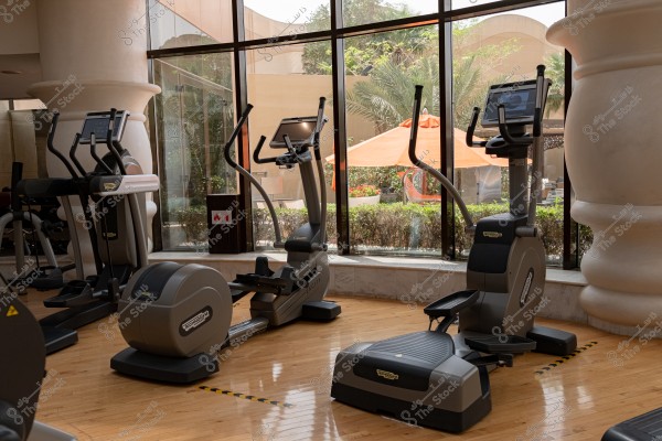 The image shows the interior of a fitness center with a range of exercise equipment, including elliptical trainers and stationary bikes. The walls are glass, revealing an outdoor view with greenery, palm trees, and an orange umbrella. The floor is wooden with markings indicating spaces.