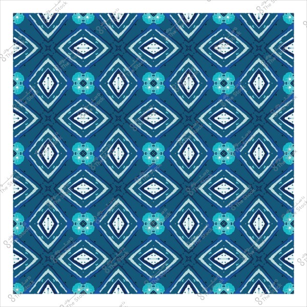 تصميم نمط هندسي مزخرف بألوان الأزرق والأبيض والأخضر, يتميز بأشكال ماسية وزخارف زهرية.